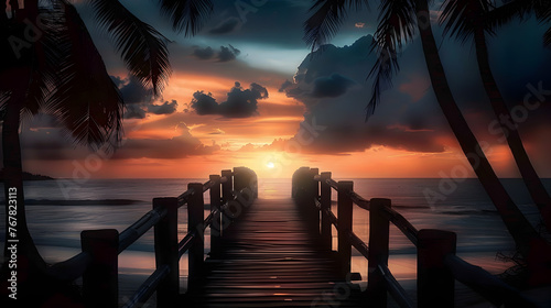 Beautiful sunset scenery in beach, very dark evening, wooden bridge going to the sea