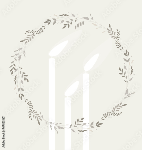 Fluctuating flame of a wax candle with a floral ring. Flame in the wind. Blowing out a candle. Flat design. Vector.