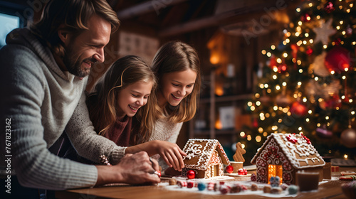 A family engages in the festive activity of decorating gingerbread houses  creating edible works of art that become a centerHappy kid playing at home in christmas and new year 2024 holiday comeliness 
