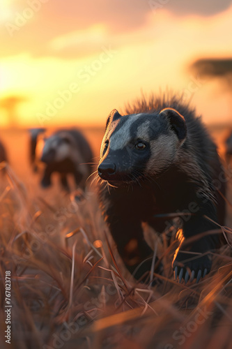 Honey badgers in the savanna in the evening with setting sun shining. Group of wild animals in nature.