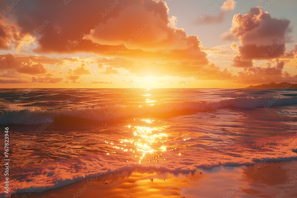 Sunset Serenity: A breathtaking sunset over a tranquil beach, with warm hues reflecting on the calm waves.

