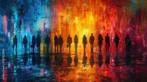 The outline of a bunch of business people in front of a colorful background 