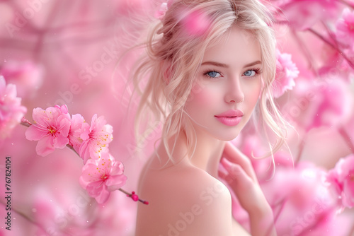beautiful woman On spring pink nature background.