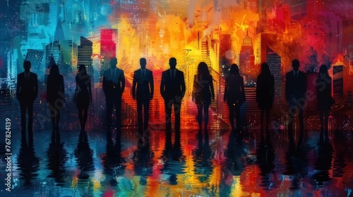 Silhouettes of a group of business people in front of a colorful background 