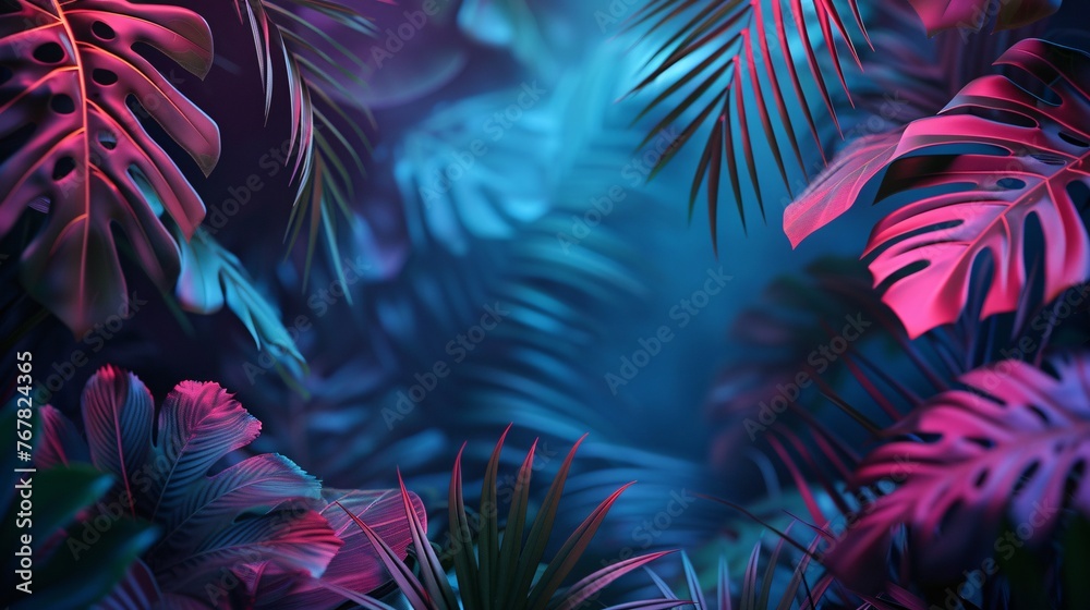 a mesmerizing scene of dark green tropical leaves illuminated by colorful neon lights, casting enchanting backlight shadows