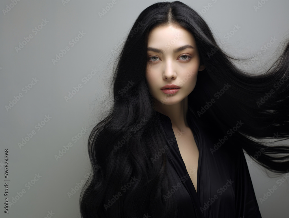 a girl draped in black stands against a gray backdrop, her long ebony hair gently tousled by the wind, creating a captivating and atmospheric scene. a girl draped in black stands against a gray backdrop, her long ebony hair gently tousled by the wind, creating a captivating and atmospheric scene.