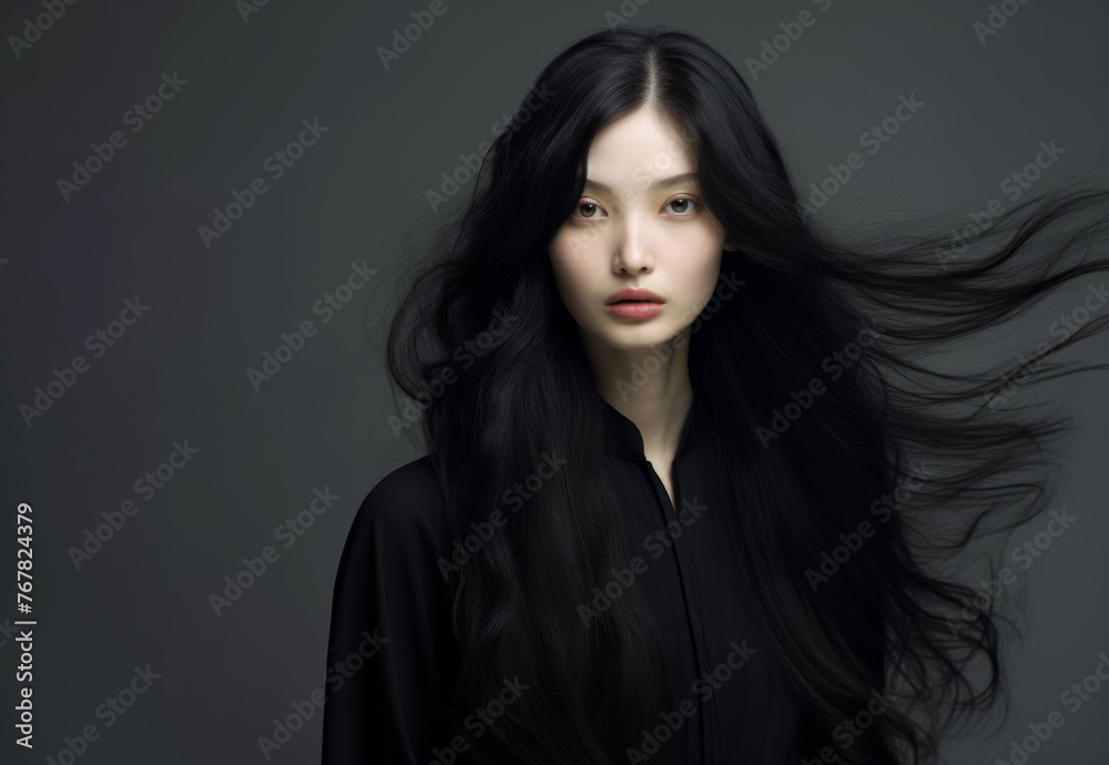 a girl draped in black stands against a gray backdrop, her long ebony hair gently tousled by the wind, creating a captivating and atmospheric scene.