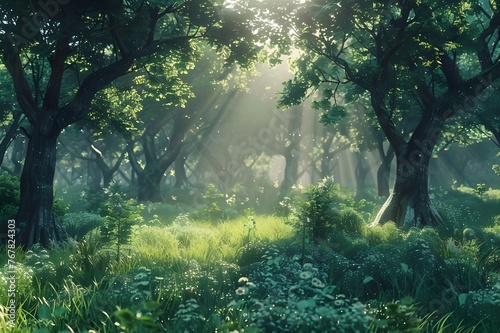 Whimsical Woodlands: Enchanting forest scene with dappled sunlight streaming through the lush green canopy.