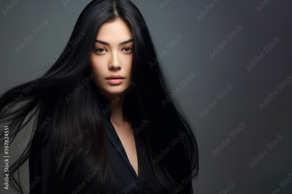 a girl draped in black stands against a gray backdrop, her long ebony hair gently tousled by the wind, creating a captivating and atmospheric scene.