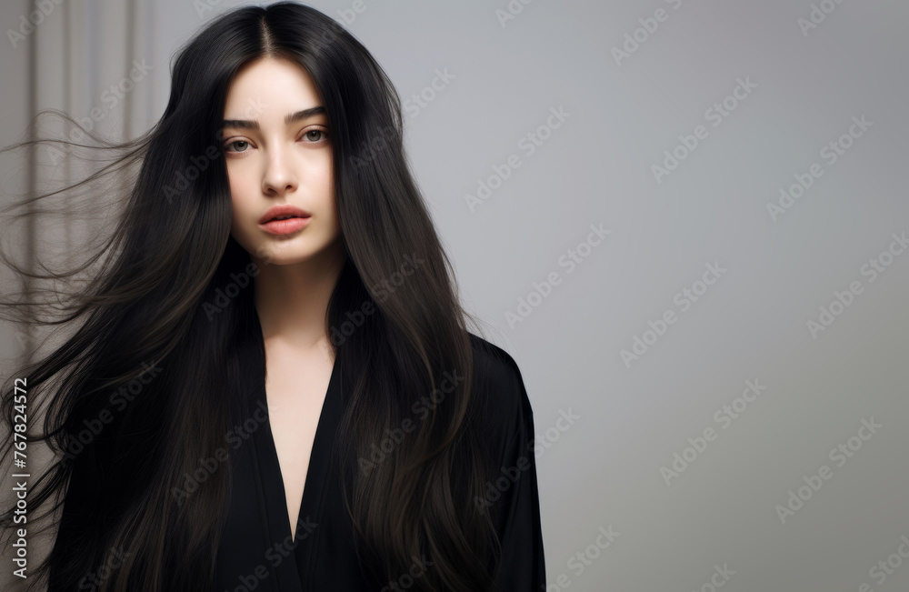 a girl draped in black stands against a gray backdrop, her long ebony hair gently tousled by the wind, creating a captivating and atmospheric scene. a girl draped in black stands against a gray backdrop, her long ebony hair gently tousled by the wind, creating a captivating and atmospheric scene.