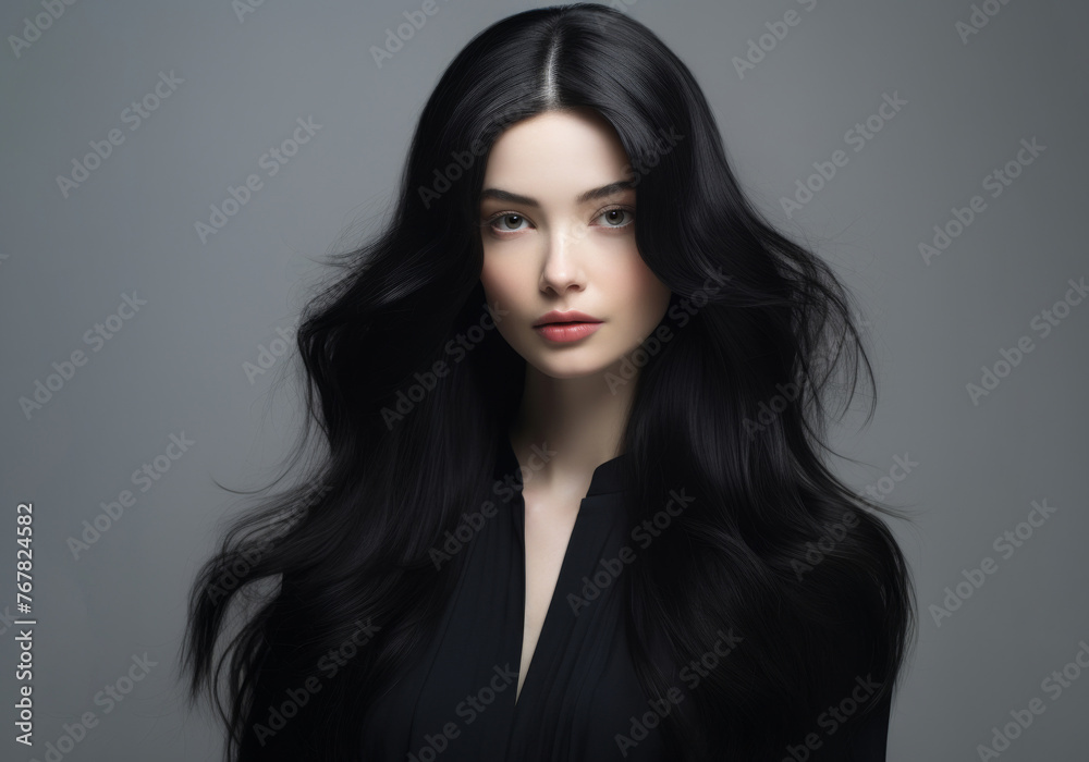 a girl draped in black stands against a gray backdrop, her long ebony hair gently tousled by the wind, creating a captivating and atmospheric scene. a girl draped in black stands against a gray backdrop, her long ebony hair gently tousled by the wind, creating a captivating and atmospheric scene.