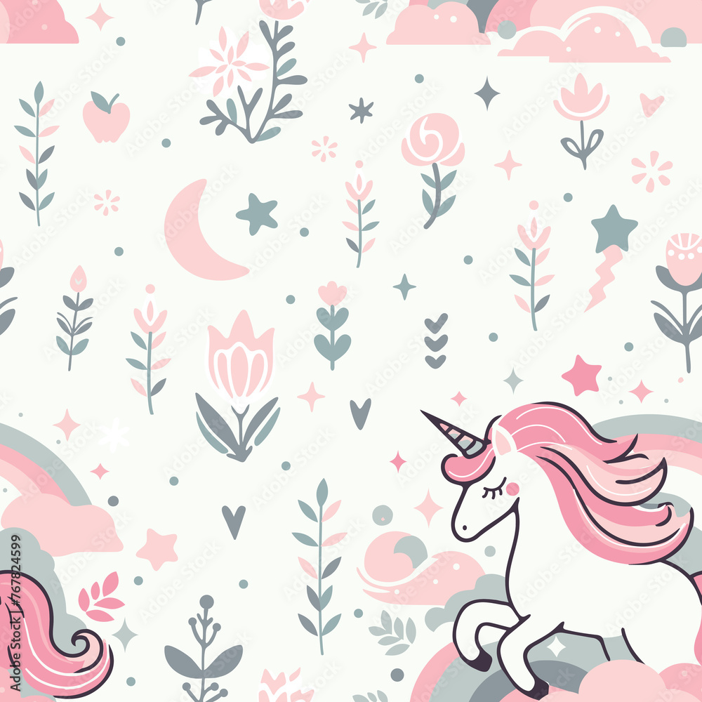 Seamless pattern with cute unicorn, flowers, hearts and stars