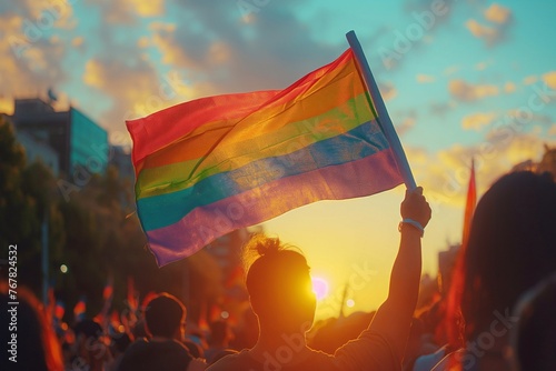 Vibrant and colorful LGBTQ rainbow flag waving in air, surrounded by people cheering at a pride event.