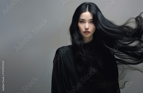 a girl draped in black stands against a gray backdrop, her long ebony hair gently tousled by the wind, creating a captivating and atmospheric scene.