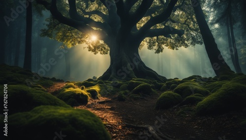 Rays of light filter through an ancient tree's canopy in a mystical forest, illuminating the verdant moss-covered ground
