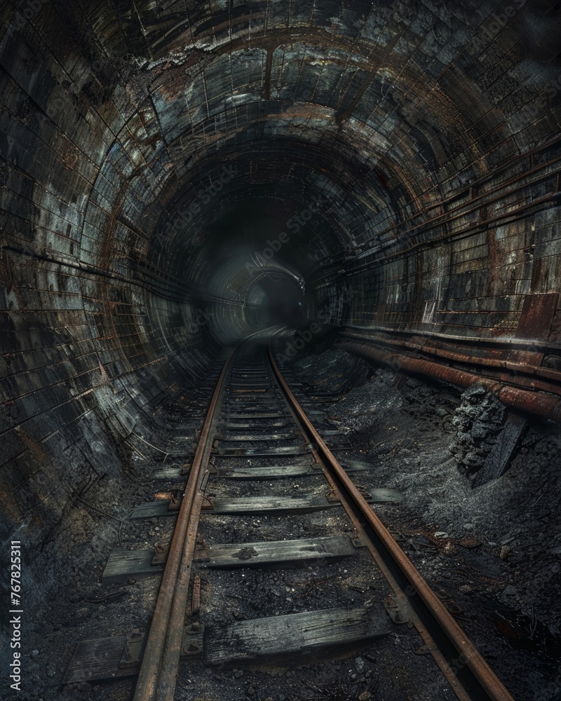 Abandoned subway tunnel with tracks leading into darkness