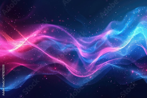 Colorful neon glow lights and flying design elements on blue background.