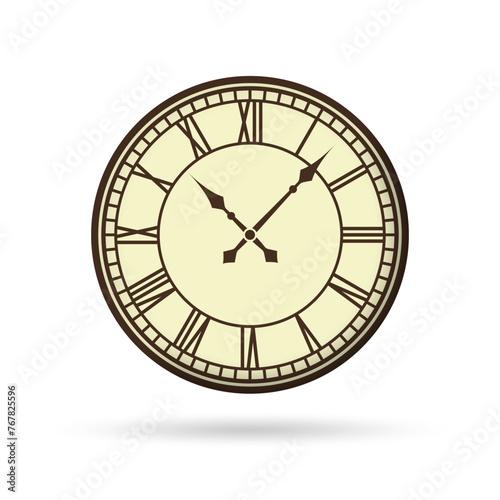 Old clock face. Vintage watch with retro, roman numeral. Antique clock-face design. Vector illustration.