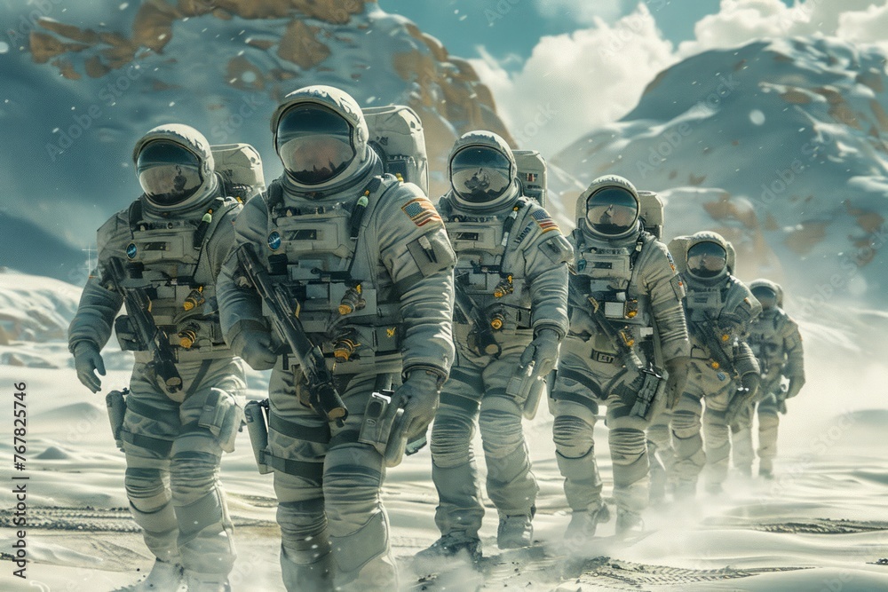 Team of Astronauts Marching on Alien Planet Surface in Spacesuits, Sci fi Mission in Ice Valley, Space Exploration Concept Team of Astronauts Marching on Alien Planet Surface in Spacesuits, Sci fi Mission in Ice Valley, Space Exploration Concept