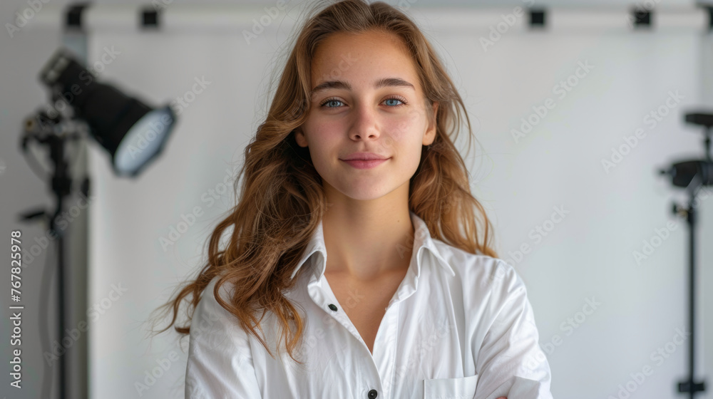 Confident young woman in a white shirt stands in a well-lit photography studio with professional lighting equipment in the background.