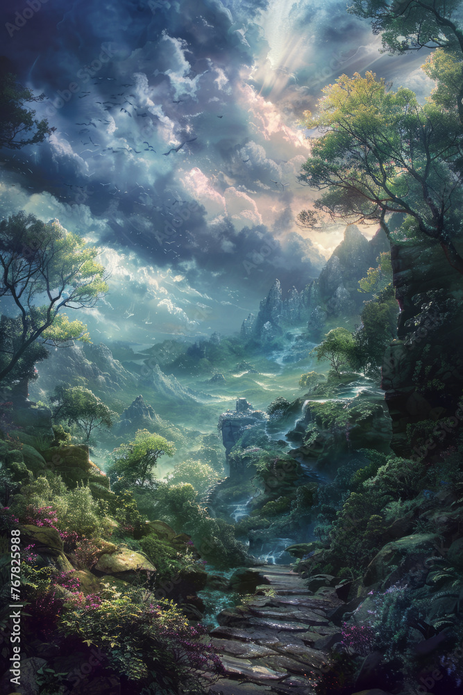Enchanted forest scenery with a cascading waterfall, lush greenery, and ancient stone steps leading through a mystical landscape under a dramatic sky.