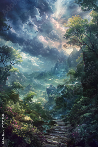 Enchanted forest scenery with a cascading waterfall  lush greenery  and ancient stone steps leading through a mystical landscape under a dramatic sky.