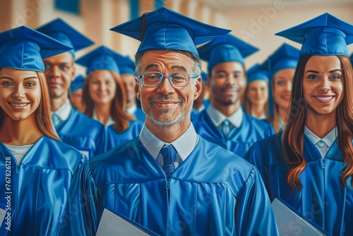 Smiling Diverse Group of Graduates in Caps and Gowns Celebrating Academic Success in a Graduation Ceremony photo