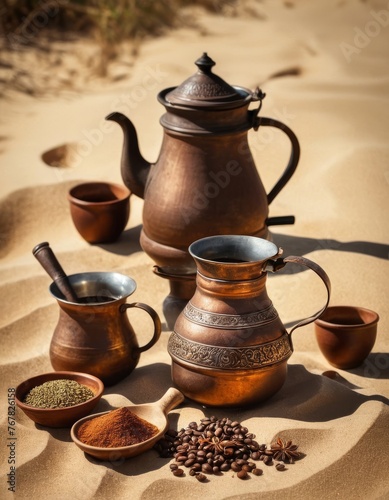 A traditional coffee set with pots and cups, artfully arranged on the desert sand, evoking a nomadic and exotic ambiance.