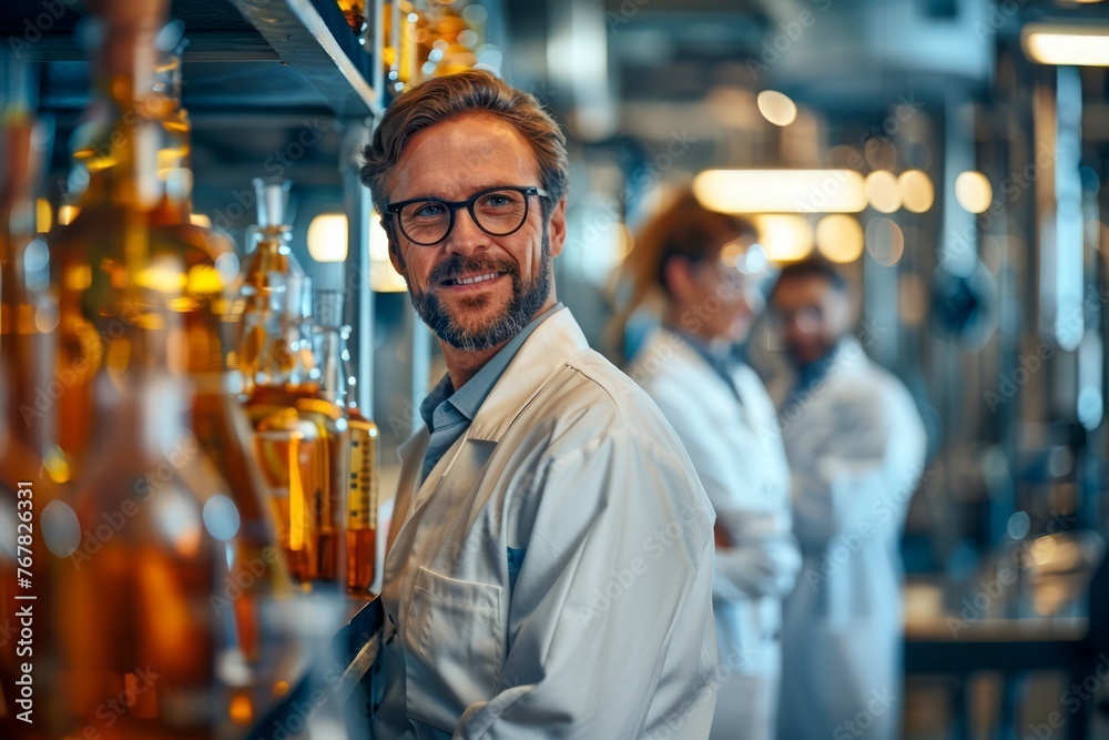 Confident Male Scientist Smiling in Laboratory with Colleagues in Background Amidst Scientific Equipment and Glassware