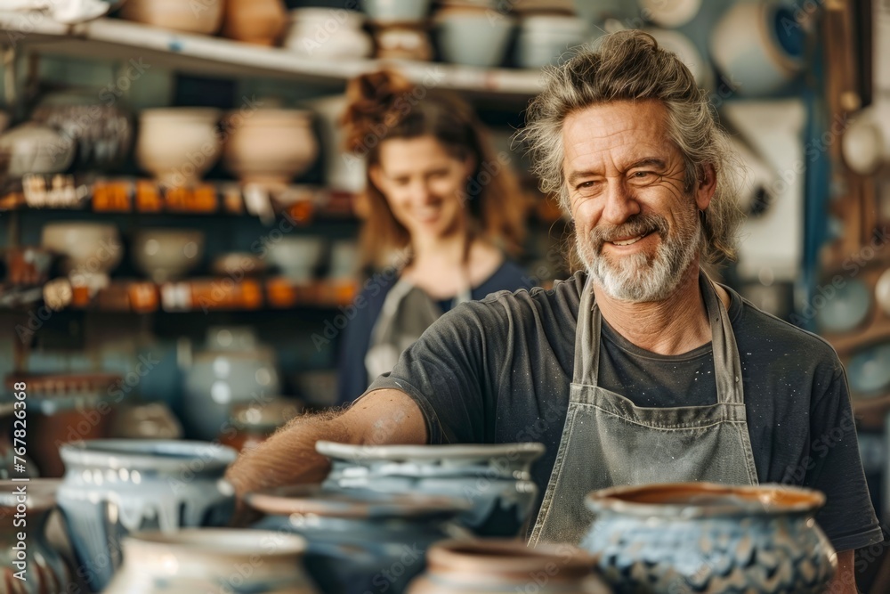 Smiling Senior Male Potter Crafting Ceramic Pots with Female Assistant in Artisan Pottery Workshop Smiling Senior Male Potter Crafting Ceramic Pots with Female Assistant in Artisan Pottery Workshop