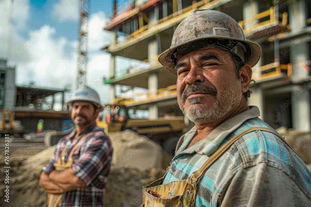 Confident Construction Workers Standing Proudly at a Building Site with Development Progress in Background