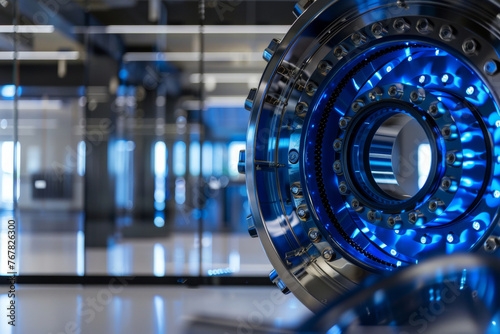 Futuristic vault door gleaming with neon blue in a high-security modern research facility.