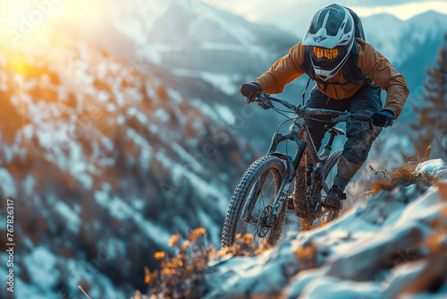 A daring mountain biker soaring through the air off a jump, embracing the thrill of adventure and the challenge of extreme sports in the mountainous wilderness. photo