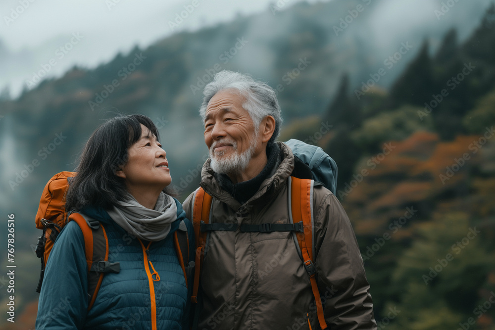 Senior Asian couple exploring a picturesque destination during their travel adventure.