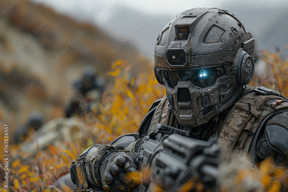 A soldier utilizing advanced robotics technology alongside a robotic ally on the battlefield. A soldier utilizing advanced robotics technology alongside a robotic ally on the battlefield.