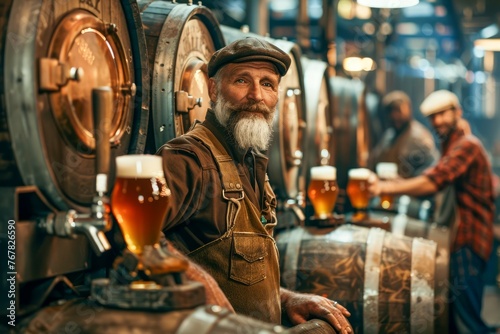 Smiling Bearded Brewer in Apron Presenting Craft Beer at Brewery with Wooden Barrels and Colleagues
