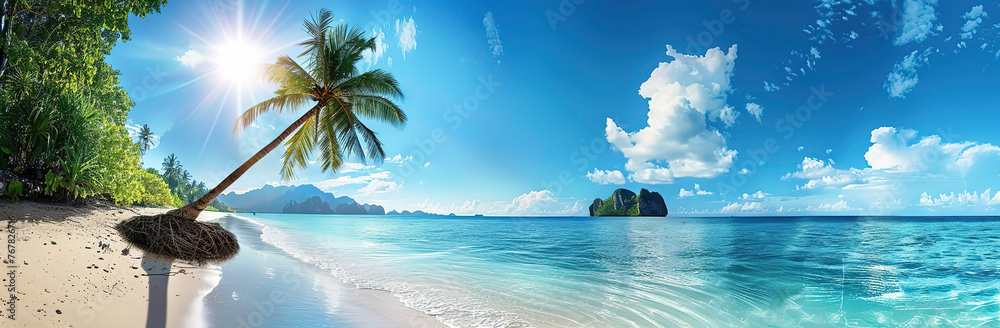 Beautiful tropical beach with palm tree and blue sky with clouds on sunny day. Panoramic banner of white sand - obrazy, fototapety, plakaty 