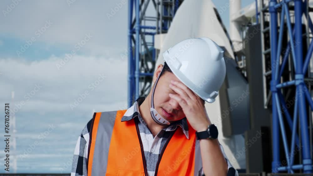 Close Up Of Asian Male Engineer With Safety Helmet Having A Headache While Working With Space Shuttle Close Up Of Asian Male Engineer With Safety Helmet Having A Headache While Working With Space Shuttle