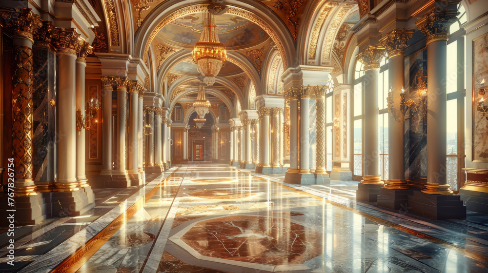 Luxurious grand hallway with opulent marble floors, ornate golden columns, and a magnificent chandelier. - obrazy, fototapety, plakaty 