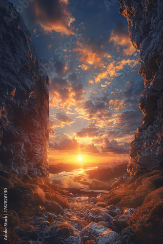 A scenic view through a narrow canyon opening onto a vast landscape with a river at sunset. Fluffy clouds scatter the sky, catching the warm hues of the setting sun.