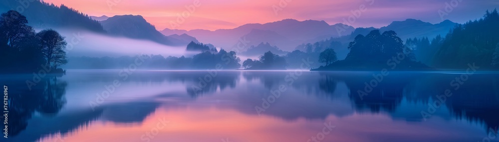 A serene lake reflecting the colors of dawn surrounded by misty hills