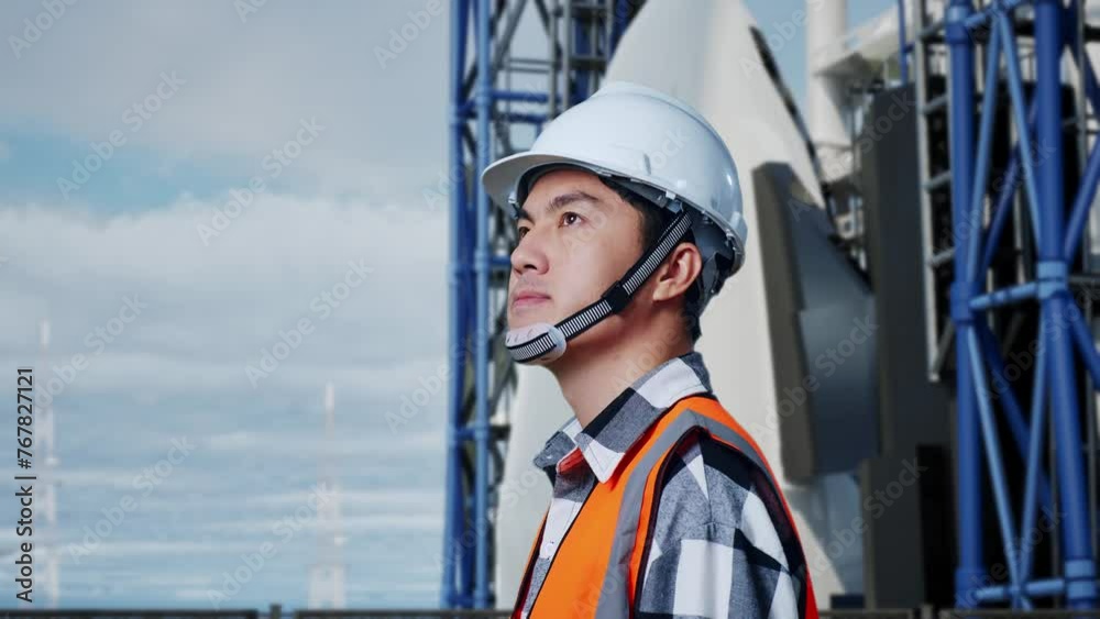 Close Up Side View Of Asian Male Engineer With Safety Helmet Looking Around While Standing With Space Shuttle