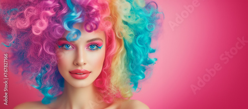 A woman with rainbow colored hair is smiling at the camera. The image has a bright and cheerful mood, with the colorful hair and the pink background