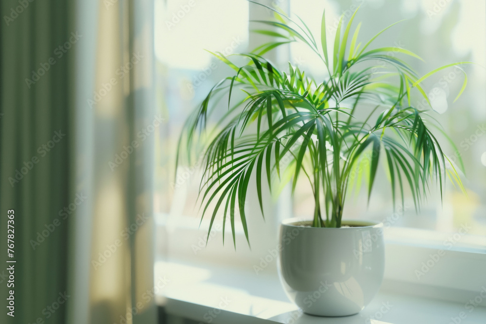 Refreshing indoor greenery with a potted palm plant by the sunny window. Refreshing indoor greenery with a potted palm plant by the sunny window.