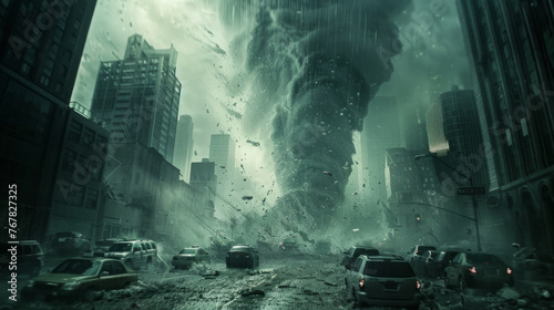 A cinematic portrayal of a tornado striking a city, with cars and debris caught in the powerful wind under dark and stormy skies.