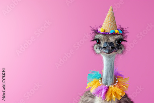 A baby ostrich wearing a party hat and a colorful necklace. The ostrich is looking at the camera with a smile photo