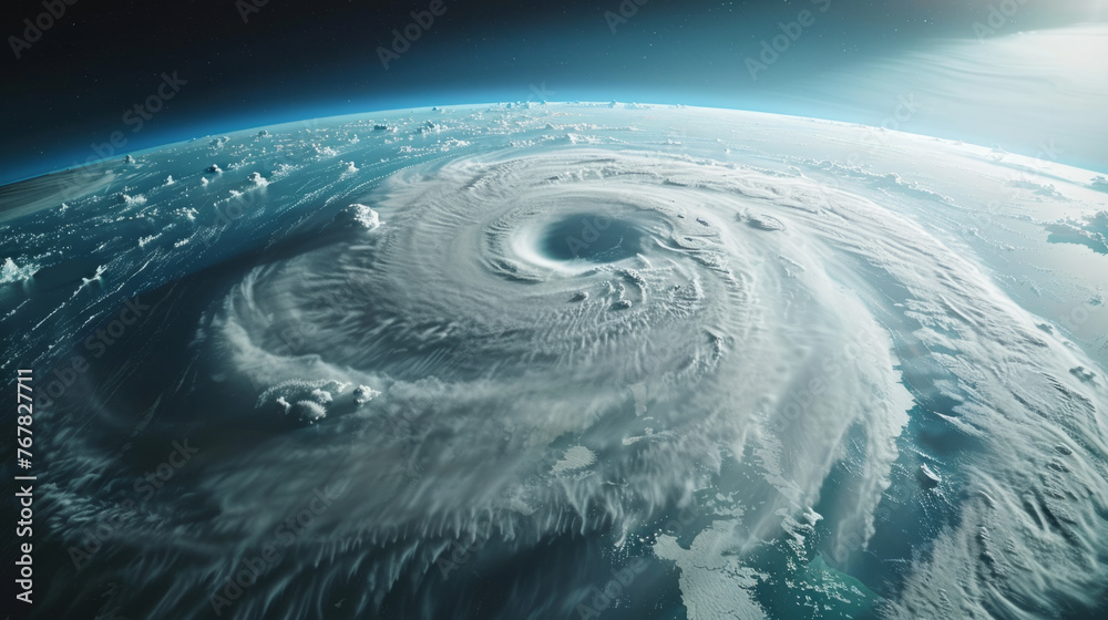 High-angle view of a massive hurricane seen from space, with swirling clouds centered over an ocean, showcasing the powerful natural phenomenon against the backdrop of planet Earth's curved horizon.