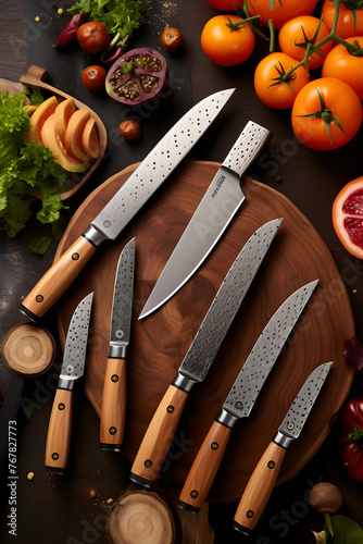 Artfully Arranged Set of High-Quality Professional Kitchen Knives Showcasing their Unique Features