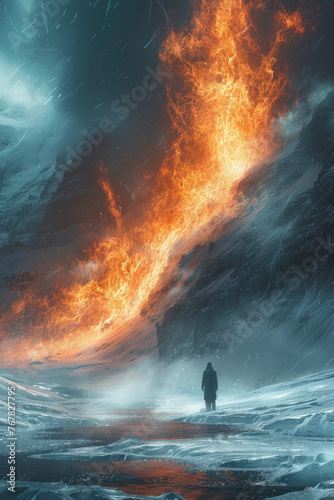 A person stands before a stark contrast of icy terrain and a massive fiery explosion, capturing the essence of a dramatic and surreal landscape engulfed by contrasting elements.