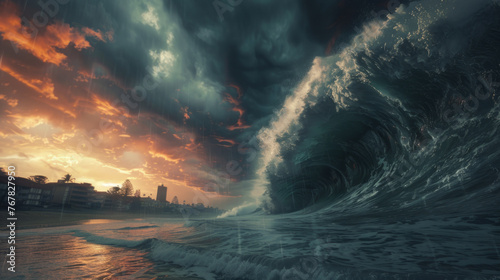 A dramatic image depicting an enormous wave approaching a tranquil beach town at sunset, with stormy clouds overhead and the last rays of the sun casting a warm glow on the scene. photo